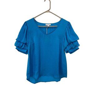 Blu Pepper Blouse Size Small VNeck Layered Balloon Sleeve Top Blue Polyester NEW